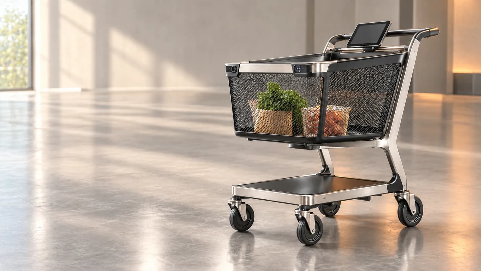 Concept visualization of a smart shopping cart with an integrated screen and vision cameras